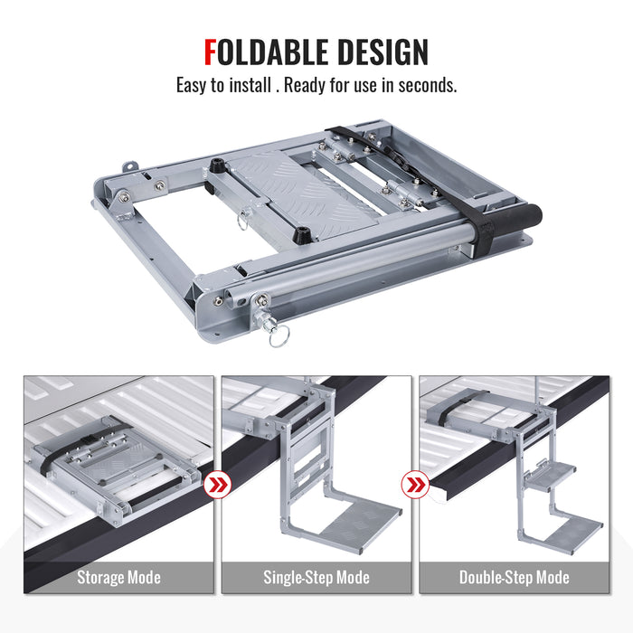 AA Products Aluminum Foldable Tailgate Ladder Rack with Two Step Pad Rung Retractable Truck Tailgate Step with Stable Handrail, Wide Pedals for Work Flatbed Trucks and Equipment Trailers Easy Install Capacity 300 lb (APTL-03) - AA Products Inc