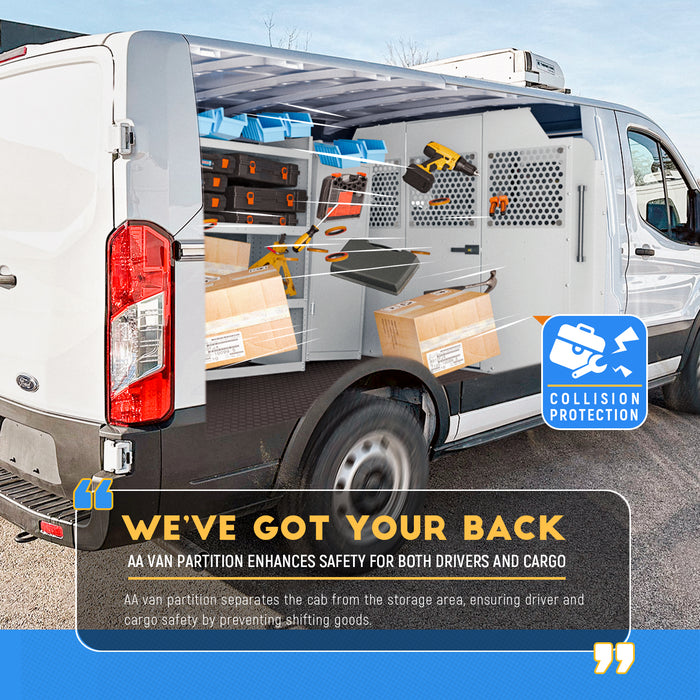 AA Products Model PT-TR-LR-DKWB Steel Cargo Van Safety Partition Low Roof Protective Bulkhead Equipped with Acrylic Custom Window Board and Dook Kit Fit for Transit Full Size Vans - AA Products Inc