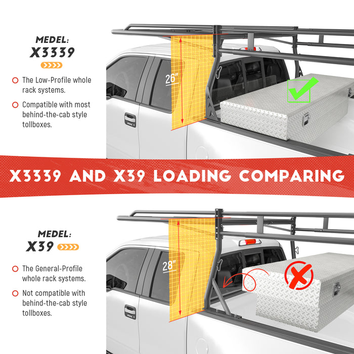 AA-Racks Model X3339 Low-Profile Steel Utility Pick-Up Truck Ladder Rack Compatible with Toolbox with 55'' Side Bar Over Cab Ext. Black - AA Products Inc