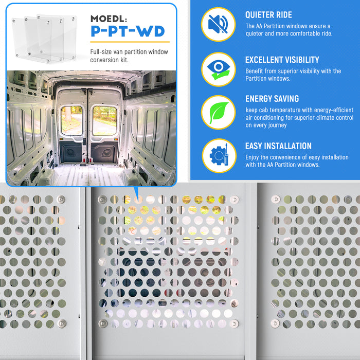 AA Products Model PT-PR-DKWB Steel Cargo Van Safety Partition Equipped with Acrylic Custom Window Board, High/Low Roof Protective Bulkhead with Door Kit Fit for ProMaster Full Size Vans - AA Products Inc