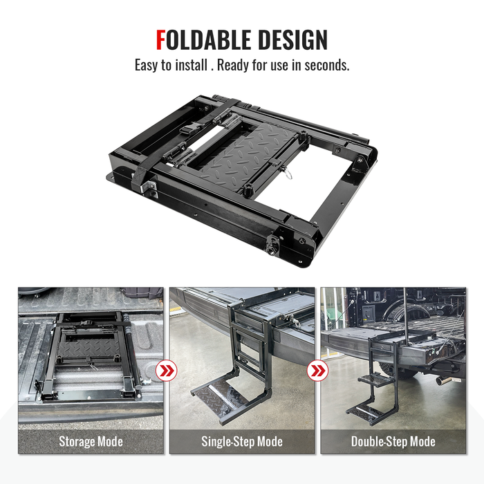 AA Products Foldable Pickup Truck with two step pad Tailgate Ladder Rung Retractable Truck Tailgate Step with Telescopic Handrail, Wide Pedals for Work Flatbed Trucks and Equipment Trailers Easy Install Capacity 300 lb(PTL-03) - AA Products Inc