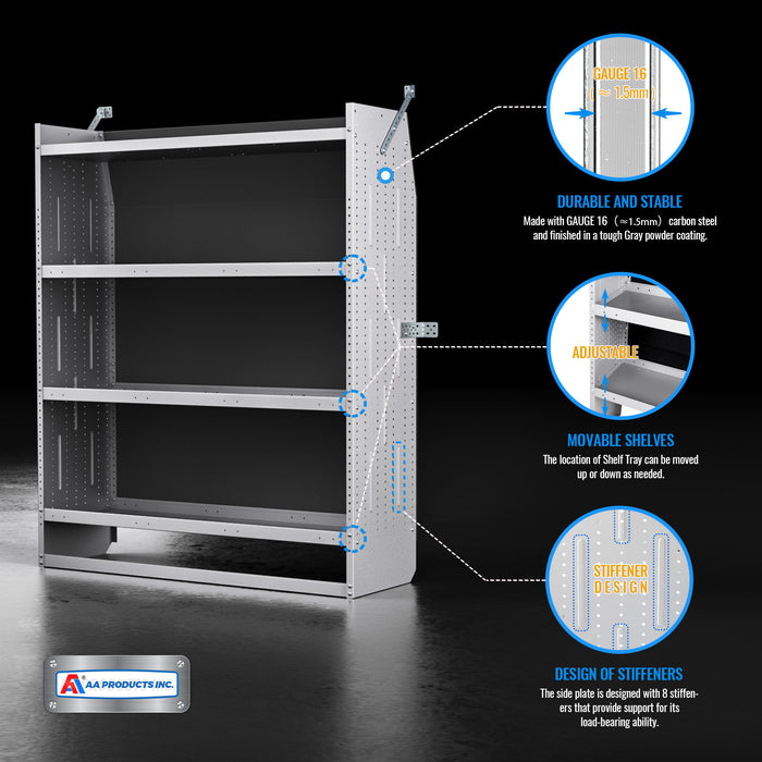 AA Products Model SH-6205(3) Steel Low/Mid/High Roof Van Shelving Storage System Fits Transit, ProMaster and Sprinter, 4 Tiers Set of 3 Van Shelving Units, 52''W x 62''H x 16''D - AA Products Inc