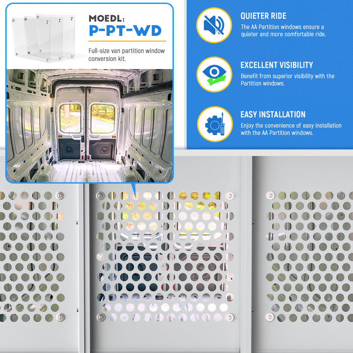 AA Products Model PT-TR-MR-WB Cargo Van Safety Partition Equipped with Acrylic Custom Window Board, Medium Roof Protective Bulkhead Fit for Transit Full Size Vans (PT-TR-MR-WB) - AA Products Inc