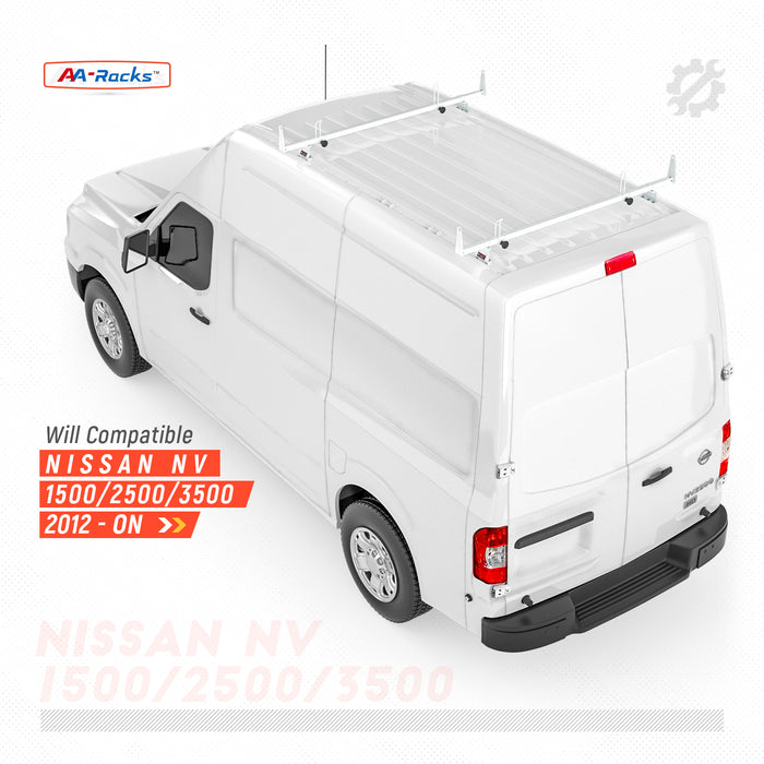 AA-Racks Model X202-NV Compatible NV 2012-On Heavy Gauge Steel 2 Bar Van Roof Rack System w/ Ladder Stopper White - AA Products Inc