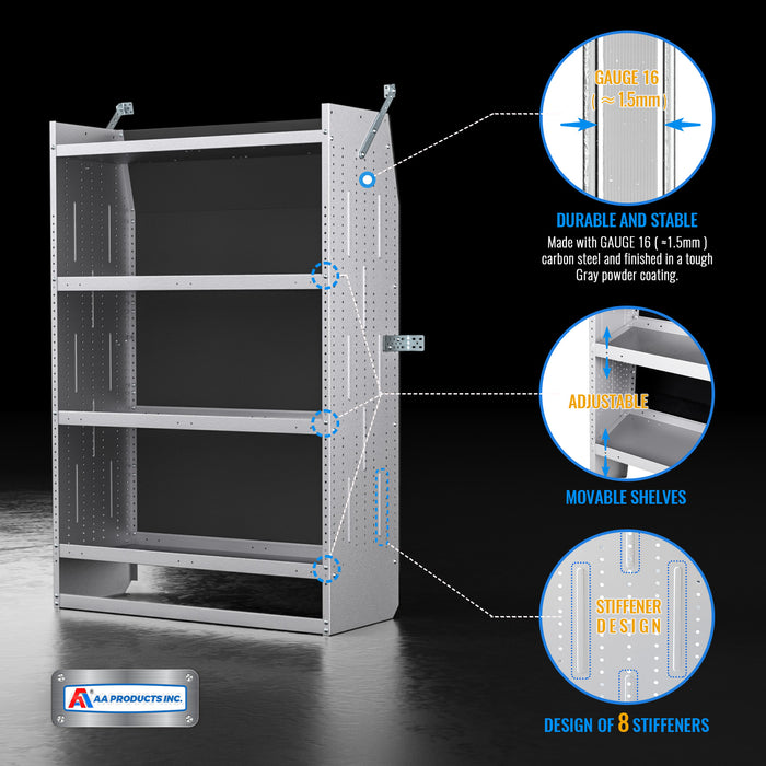 AA Products Model SH-6204 Steel Mid/High Roof Van Shelving Storage System Fits Transit, ProMaster and Sprinter, 4 Tiers Van Shelving Units, 42''W x 62''H x 16''D(SH-6204) - AA Products Inc