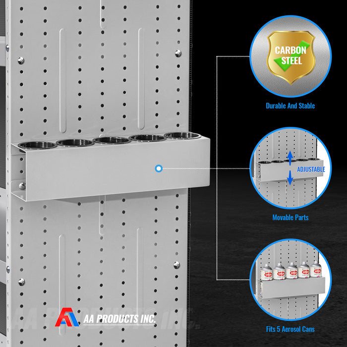 AA Products P-SH-Spray Can Rack 5 Bottle Spray Can Holder Wall-Mounted Rack, Steel Aerosol Can Rack Design for 16" D Van Shelving for Garage and Workspace -Silver (P-SH-SCR-16) - AA Products Inc