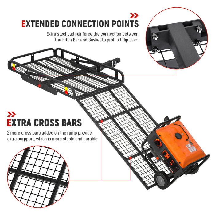 AA Products Hitch Mount Steel Cargo Carrier Basket with 49'' Folding Wheelchair Ramp, Fits 2'' Trailer Mounted Hitches(HCC-02) - AA Products Inc