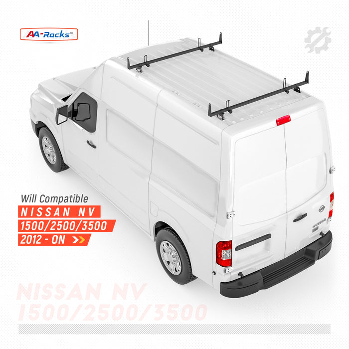 AA-Racks Model X202-NV Compatible NV 2012-On Heavy Gauge Steel 2 Bar Van Roof Rack System w/ Ladder Stopper White - AA Products Inc