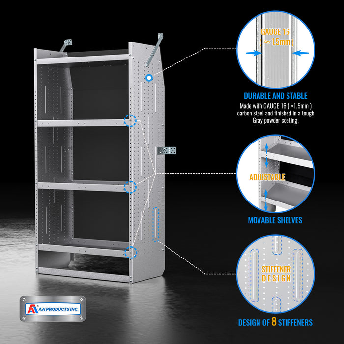 AA Products Model SH-6203 Steel Mid/High Roof Van Shelving Storage System Fits Transit, ProMaster and Sprinter, 4 Tiers Van Shelving Units, 32''W x 62''H x 16''D (SH-6203) - AA Products Inc