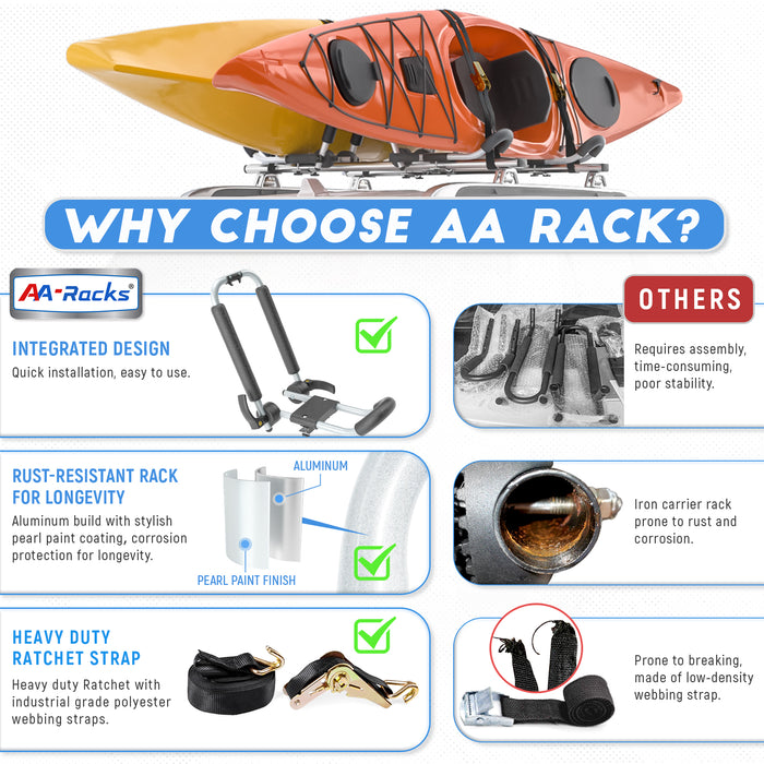 AA-Racks 2 Pair J-Bar Foldable Aluminum Kayak Rack Roof Top Mount with 16 Ft Ratchet Lashing Straps, Folding Carrier for Your Canoe, SUP and Kayaks on SUV Car Truck (KAX125) - AA Products Inc