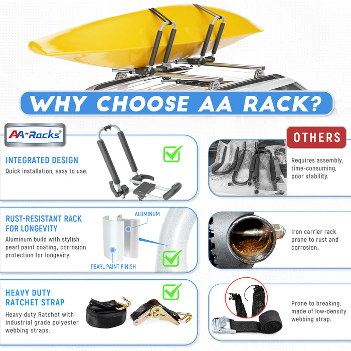 AA-Racks Folding Kayak Rack Car Roof Top Mounted, Aluminum Kayak Carrier with 16 Ft Ratchet Straps for Canoes, Ski Boards, Surf Boards,SUP on SUV Car Truck Trailer and Other Vehicles with Crossbars (KAX105) - AA Products Inc