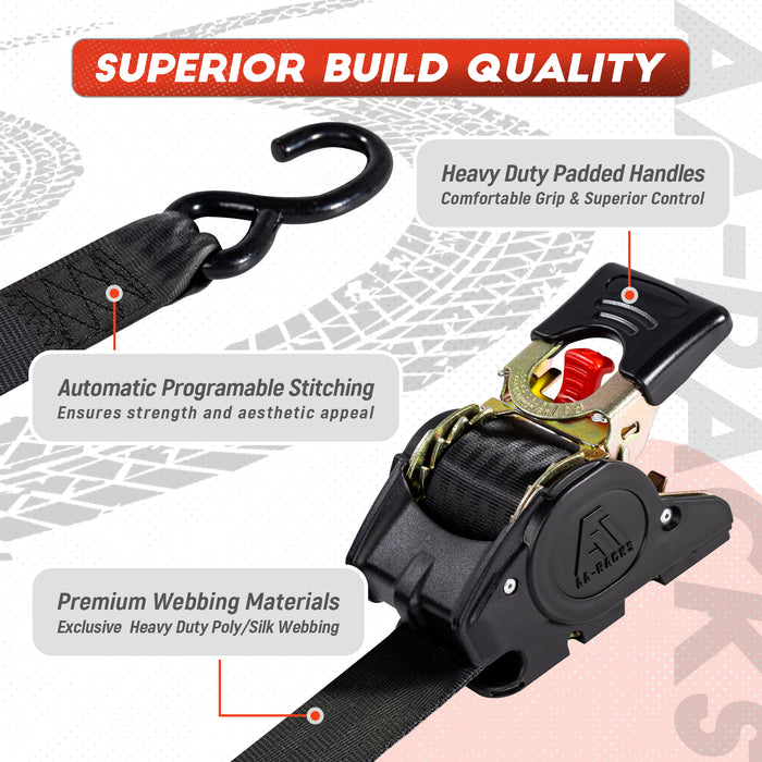 AA-Racks Heavy Duty Retractable Ratchet Straps (2 Pack) - 2 Inch x 9 Ft 3300lbs Break Strength, Tie Down Straps for Securing Cargo, Truck Rack Ratchet Strap Kit with S-Hooks - AA Products Inc