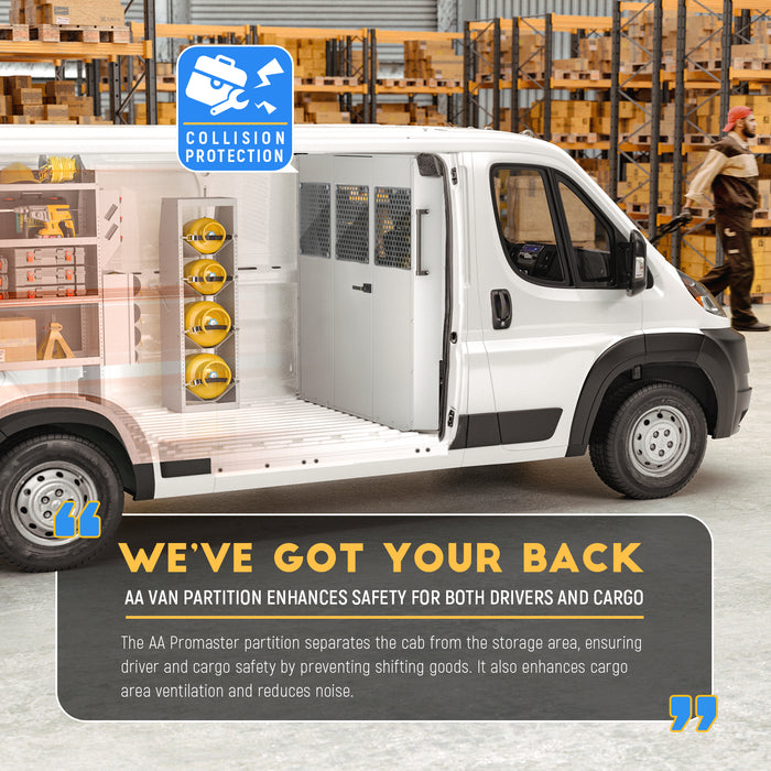 AA Products Model PT-PR-DKWB Steel Cargo Van Safety Partition Equipped with Acrylic Custom Window Board, High/Low Roof Protective Bulkhead with Door Kit Fit for ProMaster Full Size Vans - AA Products Inc