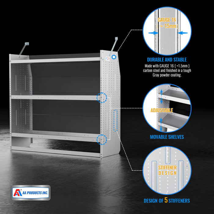AA Products Model SH-4605-T3 Steel Low/ Mid/ High Roof Van Shelving Storage System Fits Transit, GM, NV, Promaster, Sprinter and Metris, Contoured Shelving Unit, 52" W x 46" H x 16" D(SH-4605-T3) - AA Products Inc