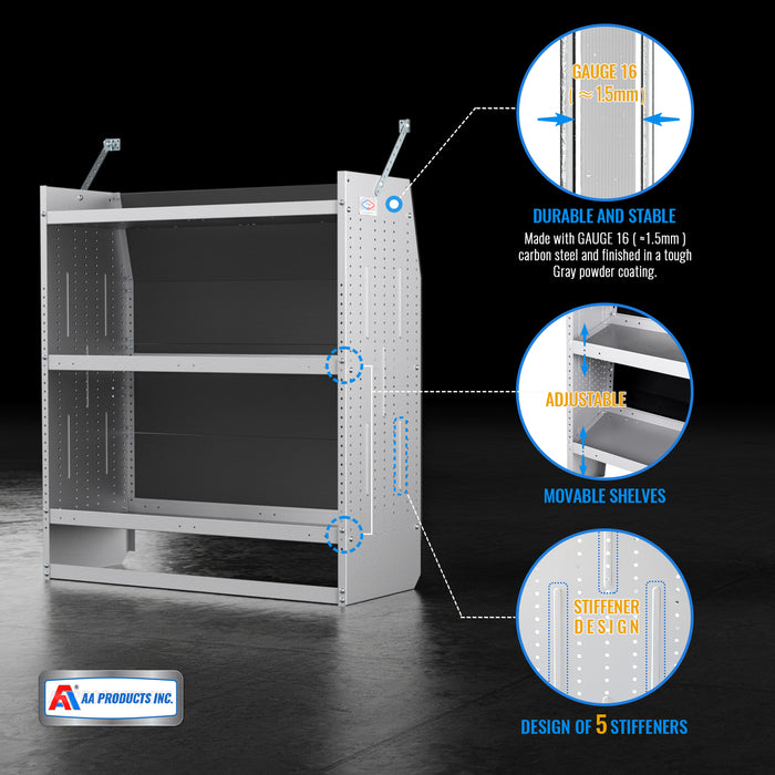 AA Products Model SH-4604-T3 Steel Low/Mid/High Roof Van Shelving Storage System Fits Transit, GM, NV, Promaster, Sprinter and Metris, Contoured Shelving Unit, 42" W x 46" H x 16" D(SH-4604-T3) - AA Products Inc