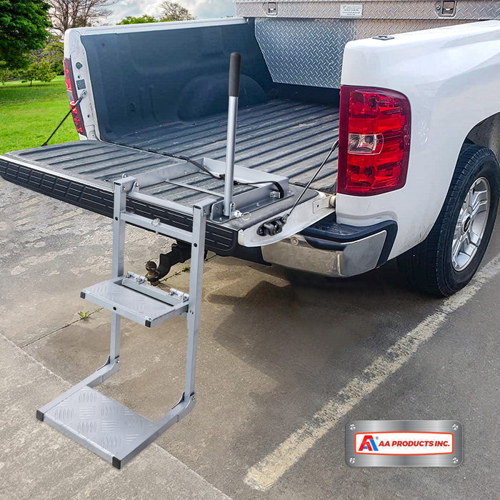 AA Products Aluminum Foldable Tailgate Ladder Rack with Two Step Pad Rung Retractable Truck Tailgate Step with Stable Handrail, Wide Pedals for Work Flatbed Trucks and Equipment Trailers Easy Install Capacity 300 lb (APTL-03) - AA Products Inc
