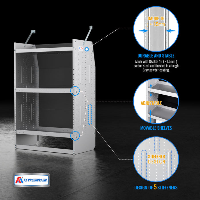 AA Products Model SH-4603-T3 Steel Low/Mid/High Roof Van Shelving Storage System Fits Transit, GM, NV, Promaster and Sprinter, Contoured Shelving Unit, 32" W x 46" H x 16" D(SH-4603-T3) - AA Products Inc