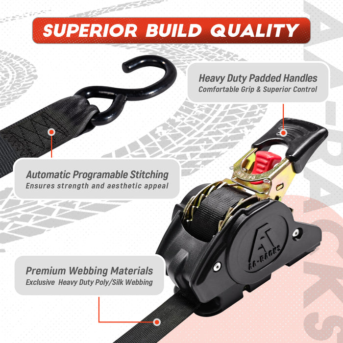 AA-Racks Retractable Ratchet Straps (2 Pack) - 1 Inch x 9 Ft 1200lbs Break Strength, Tie Down Straps for Securing Cargo, Truck Rack Ratchet Strap Kit with S-Hooks 400 lb Capacity（P-TRS-01(2)） - AA Products Inc