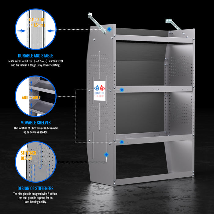 AA Products SH-4603(3) Steel Low/Mid/High Roof Van Shelving Storage System Fits Transit, GM, NV, Promaster and Sprinter - AA Products Inc