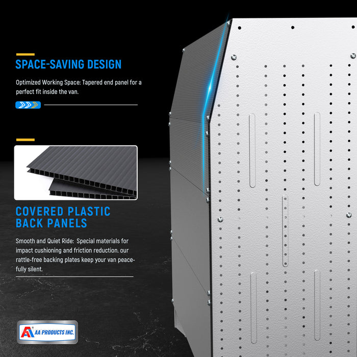 AA Products Model SH-4604-T3(3) Steel Low/Mid/High Roof Van Shelving Storage System Fits Transit, GM, NV, Promaster, Sprinter and Metris, Set of 3 Contoured Shelving Unit, 42" W x 46" H x 16" D - AA Products Inc