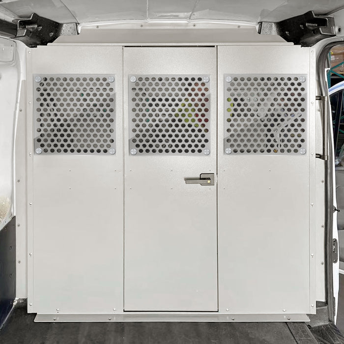 AA Products Model PT-TR-MR-DKWB Cargo Van Safety Partition Equipped with Acrylic Custom Window Board, Medium Roof Protective Bulkhead with Door Kit Fit for Transit Full Size Vans (PT-TR-MR-DKWB) - AA Products Inc