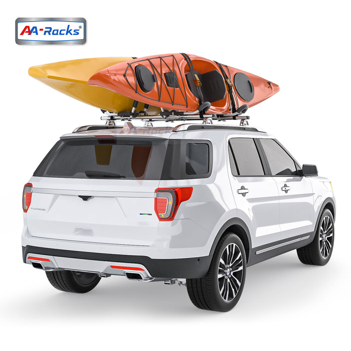 AA-Racks 2 Pair J-Bar Foldable Aluminum Kayak Rack Roof Top Mount with 16 Ft Ratchet Lashing Straps, Folding Carrier for Your Canoe, SUP and Kayaks on SUV Car Truck (KAX125) - AA Products Inc
