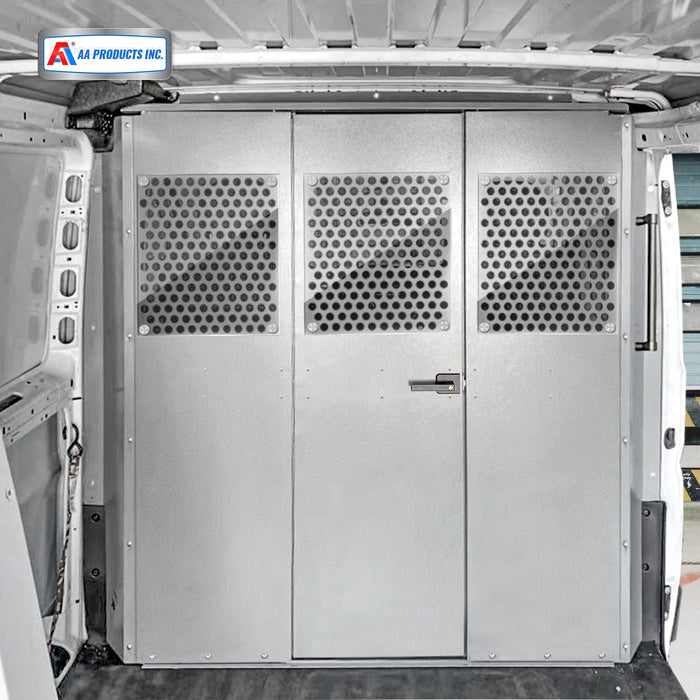 AA Products Model PT-PR-DKWB Steel Cargo Van Safety Partition Equipped with Acrylic Custom Window Board, High/Low Roof Protective Bulkhead with Door Kit Fit for ProMaster Full Size Vans - AA Products Inc