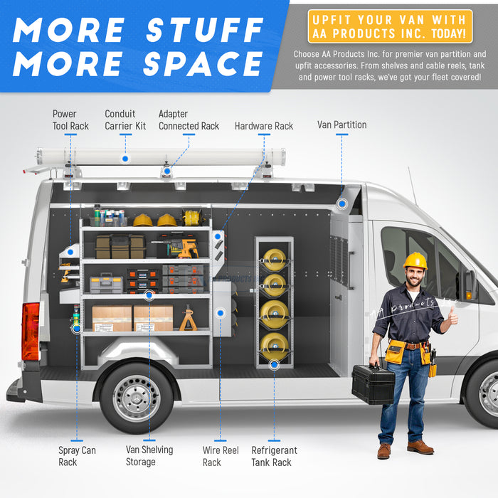 AA Products Model PT-SP-HR-DKWB Steel Cargo Van Safety Partition Equipped with Acrylic Custom Window Board, High Roof Protective Bulkhead with Door Kit Fit for Full Size Sprinter Vans Grey