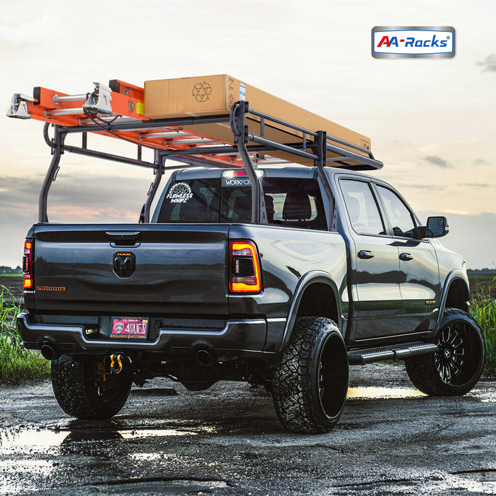 AA-Racks Model X3339 Low-Profile Steel Utility Pick-Up Truck Ladder Rack Compatible with Toolbox with 55'' Side Bar Over Cab Ext. Black - AA Products Inc