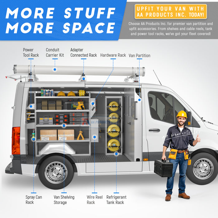 AA Products Model PT-SP-LR-DKWB Steel Cargo Van Safety Partition Equipped with Acrylic Custom Window Board, Low Roof Protective Bulkhead with Door Kit Fit for Full Size Sprinter Vans Grey
