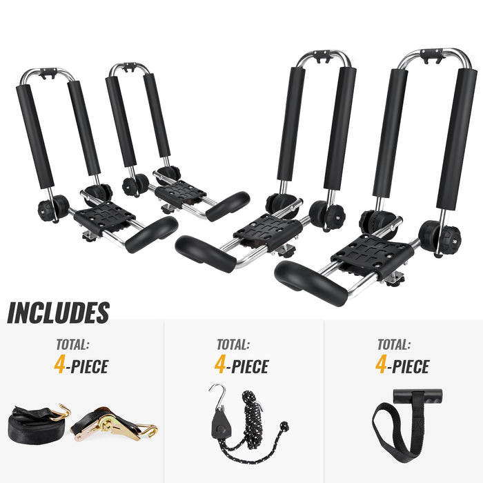 2 Pair Steel J Bar Rack Roof Top Mount with Ratchet Bow and Anchor Straps Folding Carrier for Your Canoe SUP and Kayaks on SUV KSX 125 BLK