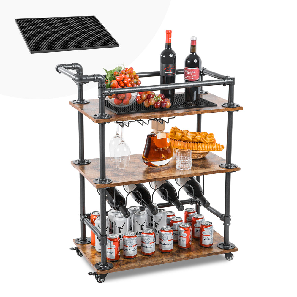 AA Products Bar Serving Cart for Home, 3-Tier Industrial Vintage Style Bar Cart, Rolling Wood Metal Kitchen Utility Cart with Wine Rack and Glass Holder, Serving Carts with Wheels, Lockable Casters(IBC-01) - AA Products Inc