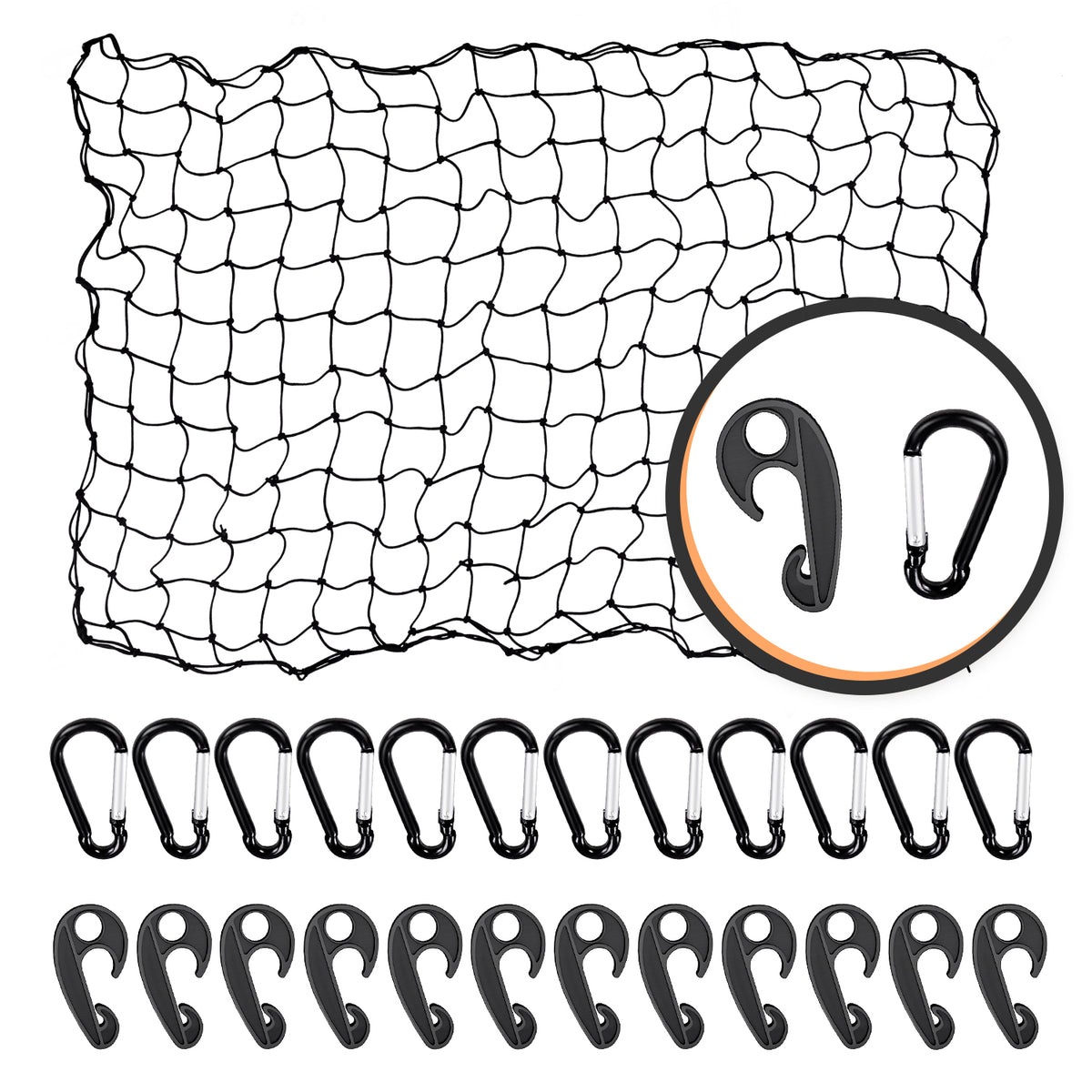 Premium] 4'x6' Heavy Duty Cargo Net Stretches To 8' X 12', Extra Thick 10mm Cord Bungee Cargo Netting For Pickup Truck Bed, Roof Rack Net & 12 PCS Steel Carabiners