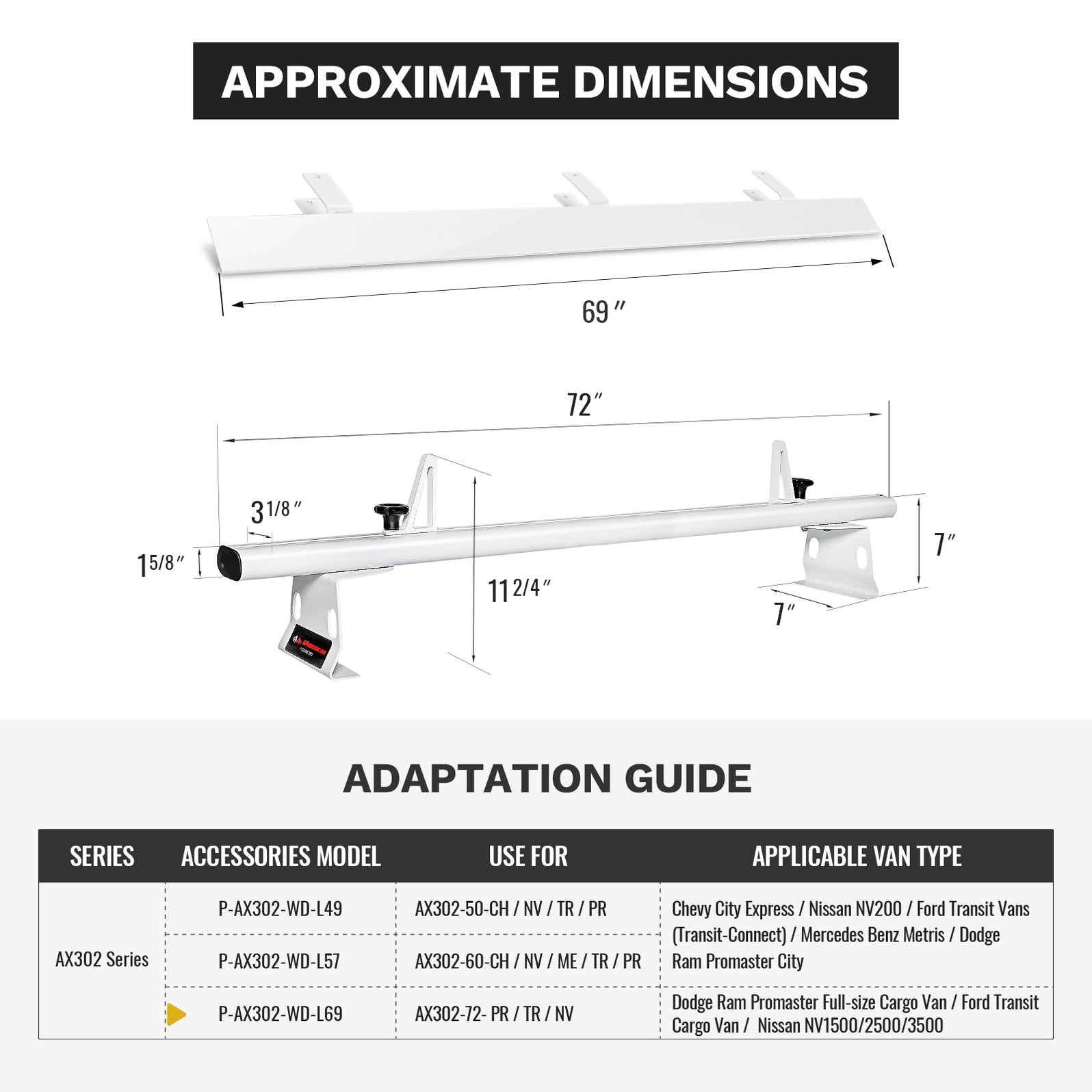 AA Racks Model AX302 Aluminum 3 Bar 72'' Van Ladder Roof Rack System