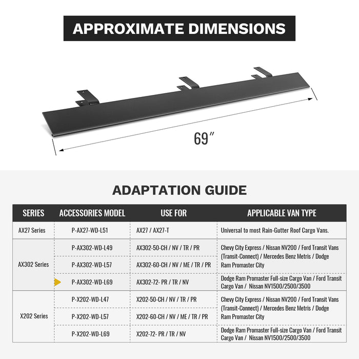 Aluminum 69" Ladder Rack Wind Deflector,Van Rack Accessory for Model AX302 Series (P-AX302-WD-L69-BLK/WHT) - AA Products Inc