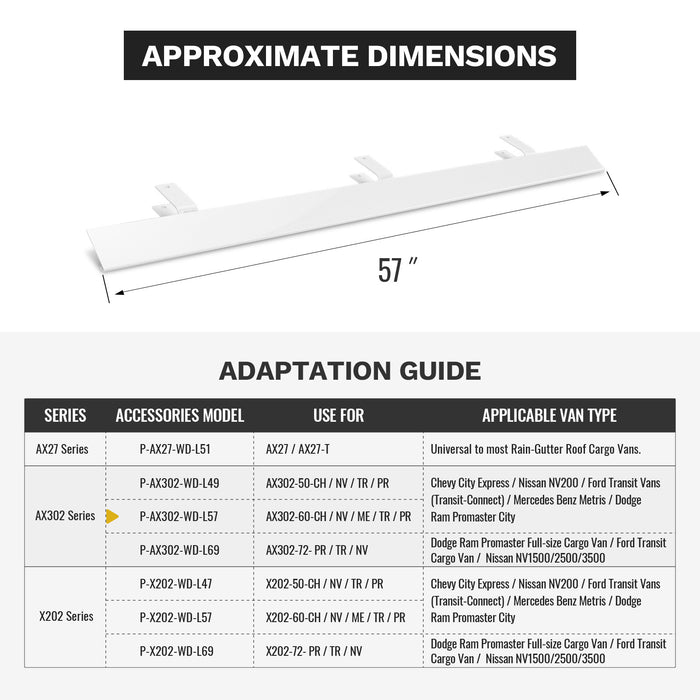 Aluminum 57" Ladder Rack Wind Deflector,Van Rack Accessoryfor Model AX302 Series (P-AX302-WD-L57-BLK/WHT) - AA Products Inc