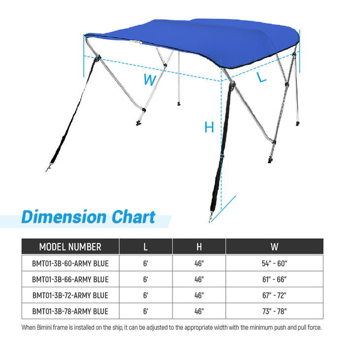 AA Products 3 Bow Bimini Top Cover Sun Shade Boat Canopy Waterproof Includes Storage Boot with Aluminum Frame, 46" Height with Rear Support Poles - AA Products Inc