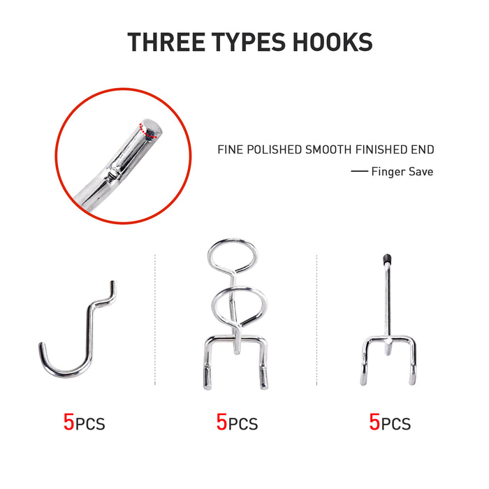 15 Pcs Pegboard Hooks Assortment w/ Curve Hooks, Double-Ring Tool Holders  and Double-Straight Hook, Peg Locks for Organization (P-SH-Hooks)