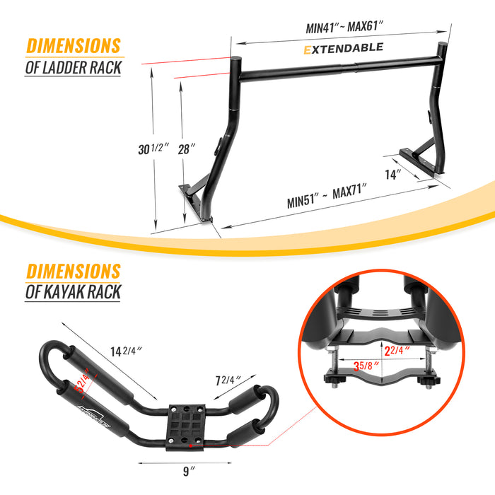 AA Racks X35 Truck Rack Combo with 8 Clamps and Universal Kayak J-Rack (KX-355) - AA Products Inc