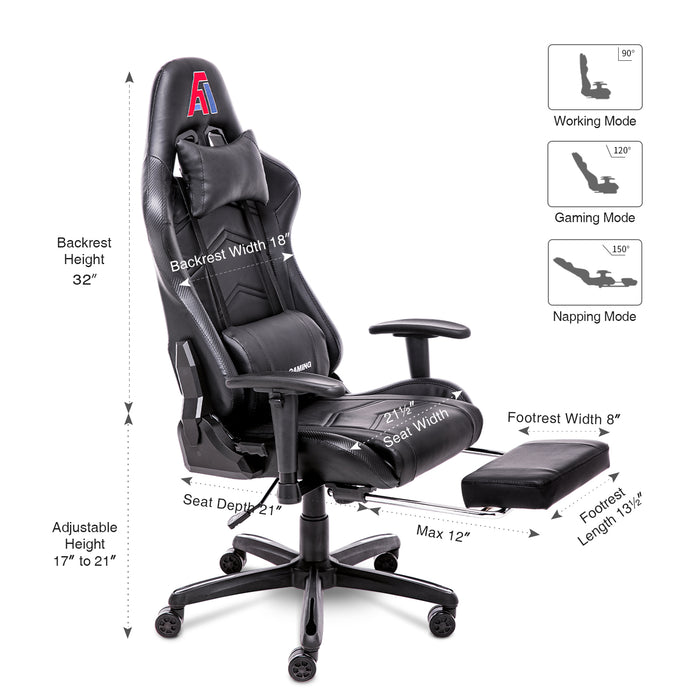 AA Products Gaming Chair Ergonomic High Back Computer Racing Chair Adjustable Office Chair with Footrest, Lumbar Support Swivel Chair - Black - AA Products Inc