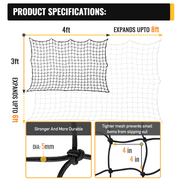 AA Products 3'x4' Bungee Cargo Net for Truck Bed Stretches to 6'x8' | No Gaps Securing Cargo Nets to Rooftop Carrier, Roof Rack, Cargo Hitch, SUV | 24 Pieces Universal Hooks (CN-3-4) - AA Products Inc