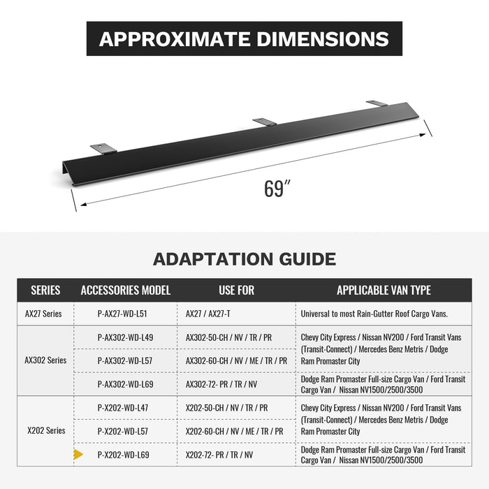 Steel 69" Ladder Rack Wind Deflector,Van Rack Accessory for Model X202 Series Black (P-X202-WD-L69-BLK) - AA Products Inc