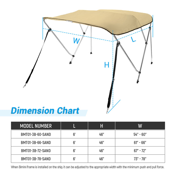 AA Products 3 Bow Bimini Top Cover Sun Shade Boat Canopy Waterproof Includes Storage Boot with Aluminum Frame, 46" Height with Rear Support Poles - AA Products Inc