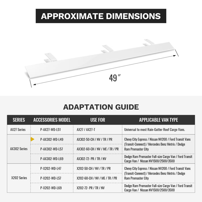 Aluminum 49" Ladder Rack Wind Deflector,Van Rack Accessory for Model AX302 Series(P-AX302-WD-L49-BLK/WHT） - AA Products Inc