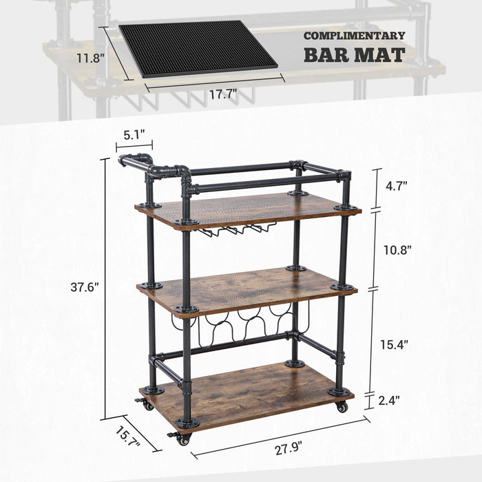 AA Products Bar Serving Cart for Home, 3-Tier Industrial Vintage Style Bar Cart, Rolling Wood Metal Kitchen Utility Cart with Wine Rack and Glass Holder, Serving Carts with Wheels, Lockable Casters(IBC-01) - AA Products Inc