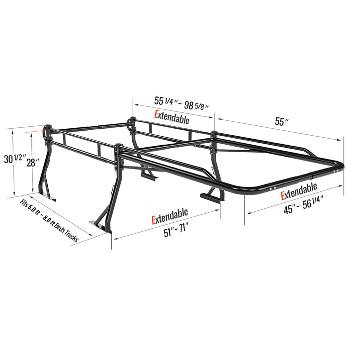 AA-Racks  Heavy Duty Pickup Truck Ladder Rack 1000Lbs with 55'' Long Cab Ext  Lumber Contractor - Black/ White (X39-LC) - AA Products Inc