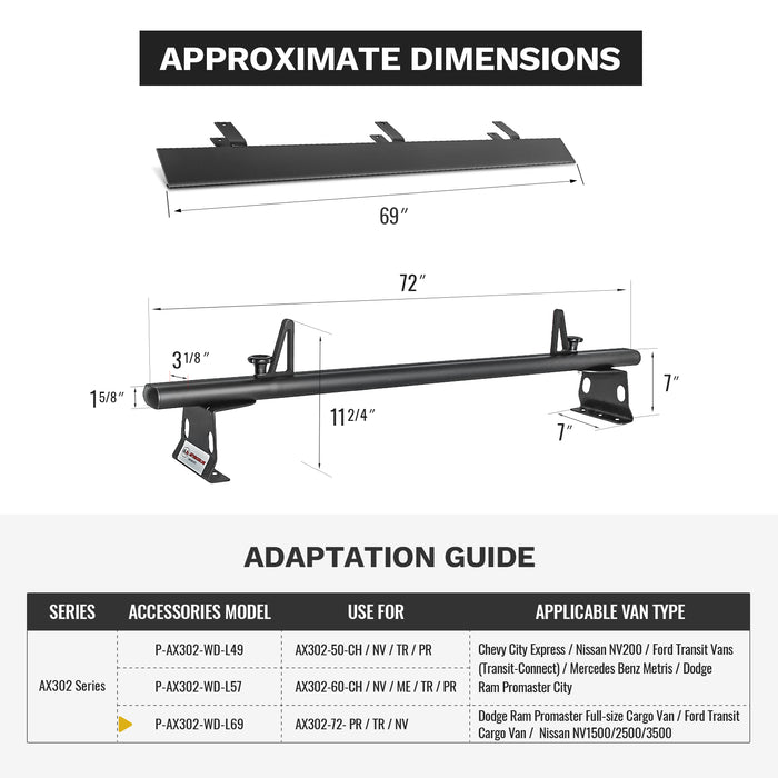 AA Racks Model AX302 Aluminum 3 Bar 72'' Van Ladder Roof Rack System, Aerodynamic Design with Front Wind Deflector Reduce Wind Noise(AX302-72(3)-WD-BLK-PR/TR) - AA Products Inc