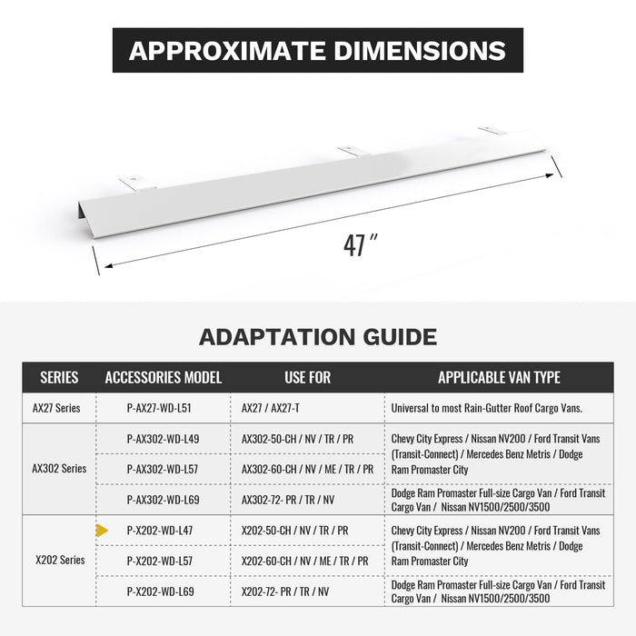 Steel 47" Ladder Rack Wind Deflector,Van Rack Accessory for Model X202 Series White（P-X202-WD-L47-WHT） - AA Products Inc