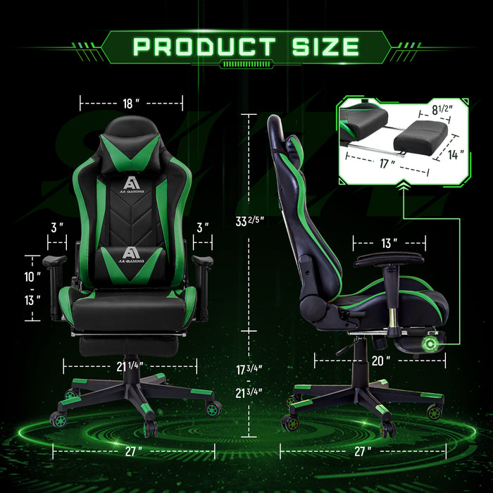 AA Products Gaming Chair High Back Ergonomic Computer Racing Chair Adjustable Gamer Chair with Footrest, Lumbar Support Swivel Chair – BlackGreen - AA Products Inc