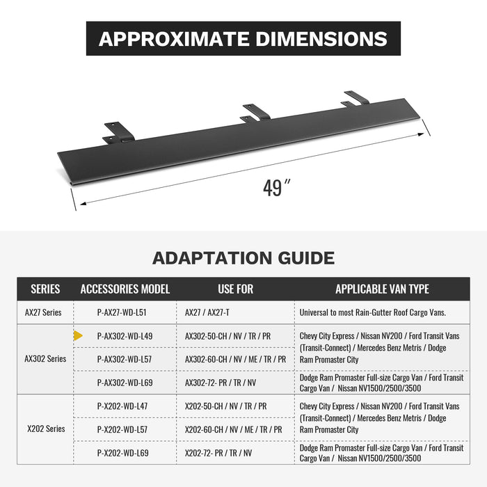 Aluminum 49" Ladder Rack Wind Deflector,Van Rack Accessory for Model AX302 Series(P-AX302-WD-L49-BLK/WHT） - AA Products Inc